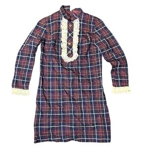 VINTAGE 1970s The Cottager For The Junior Petite Plaid Calico Mini Shirt Dress